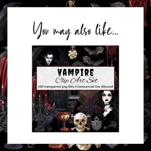 K&ouml;nnte beinhalten: Ein digitales Clipart-Set mit Vampir-Thema. Das Set enth&auml;lt 100 transparente PNG-Dateien. Das Bild zeigt einen Vampir, einen Sch&auml;del, einen Kelch, einen Raben, ein Schloss, einen Schl&uuml;ssel, ein Kreuz, eine Kerze, eine Fledermaus und einen Thron. Der Text "VAMPIRE Clip Art Set" und "100 transparent png files | Commercial Use Allowed" ist im Bild enthalten.