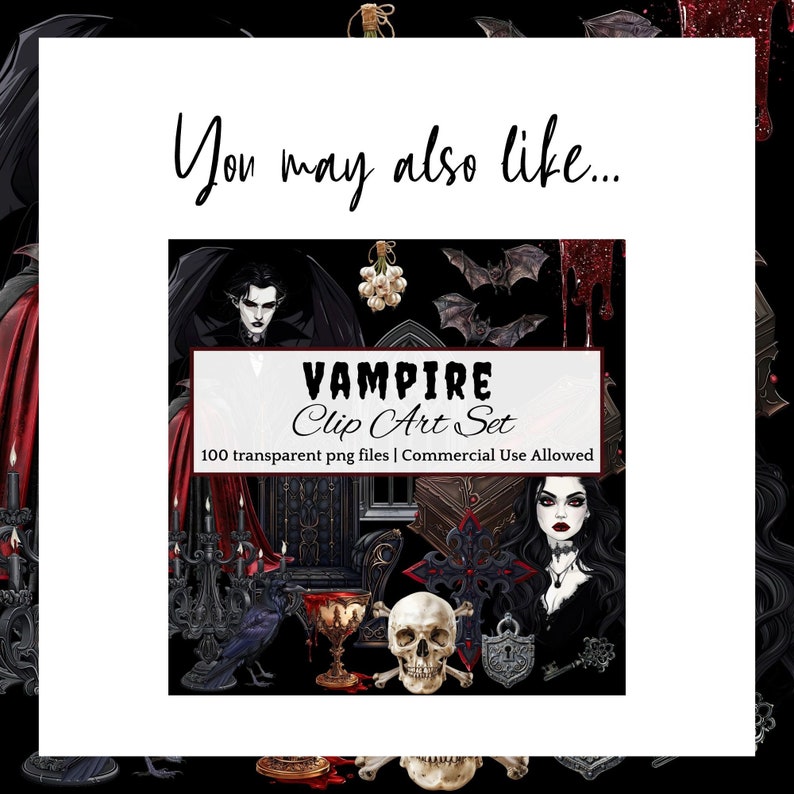 K&ouml;nnte beinhalten: Ein digitales Clipart-Set mit Vampir-Thema. Das Set enth&auml;lt 100 transparente PNG-Dateien. Das Bild zeigt einen Vampir, einen Sch&auml;del, einen Kelch, einen Raben, ein Schloss, einen Schl&uuml;ssel, ein Kreuz, eine Kerze, eine Fledermaus und einen Thron. Der Text "VAMPIRE Clip Art Set" und "100 transparent png files | Commercial Use Allowed" ist im Bild enthalten.