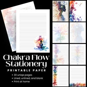 May include: Printable stationery paper featuring watercolor illustrations of chakras and yoga poses. The set includes 30 unique pages, with lined, unlined, and blank options. Print at home.