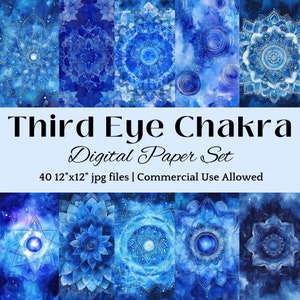 Papel digital para diários de intuição sobre o Chakra do Terceiro Olho, fundos de geometria sagrada índigo, decoração de cura energética, arte do 6º Chakra em JPG para download