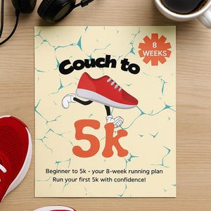 May include: A motivational poster with the text "Couch to 5k" and "8 Weeks". The poster features a cartoon running shoe and the text "Beginner to 5k - your 8-week running plan". Red running shoes and black headphones are also visible.