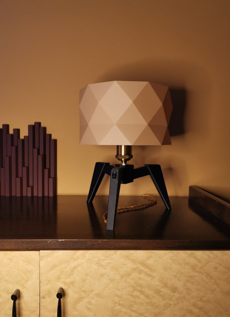 Tripod Table Lamp Wooden Modern Lamp Geometric Lamp Wood Lampshade Light Wood Bedside Lamp Industrial Table Lamp Warm Light Lamp image 3