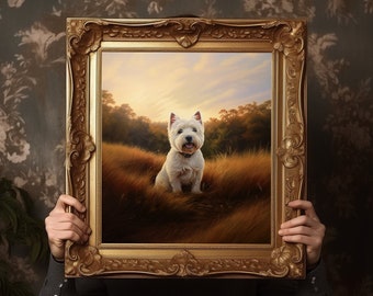 Vintage Westie portret digitale download, olieverfschilderij geïnspireerd gedrukte kunst, Westie print, afdrukbaar in 4 maten, met PDF-downloads