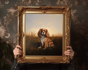 Vintage Cavalier King Charles Spaniel Portrait Digital Download, Oil Painting Inspired Printed Art, Printable in 4 Sizes, with PDF Downloads