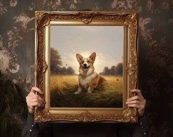 Vintage Corgi Portrait Digital Download, Oil Painting Inspired Printed Art, Printable in 4 Sizes, with PDF Downloads