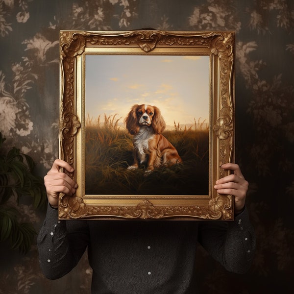 vintage Cavalier King Charles Spaniel Portrait Téléchargement numérique, Peinture à l’huile inspirée de l’art imprimé, imprimable en 4 tailles, avec téléchargements PDF