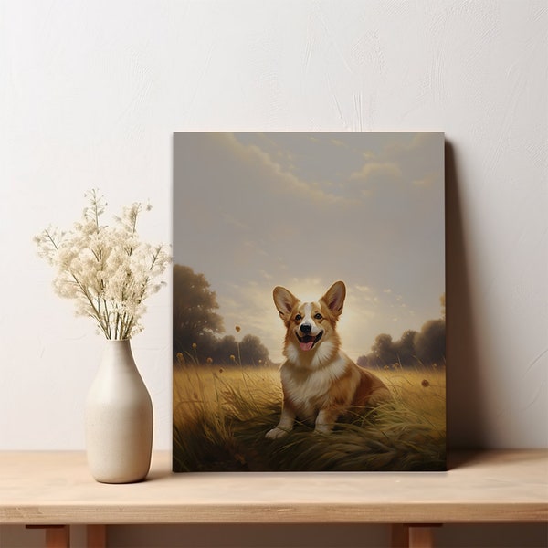 Vintage Corgi Portrait in Oil Painting Print on Canvas - Printed Art, Gallery Wrap Available in 5 Sizes