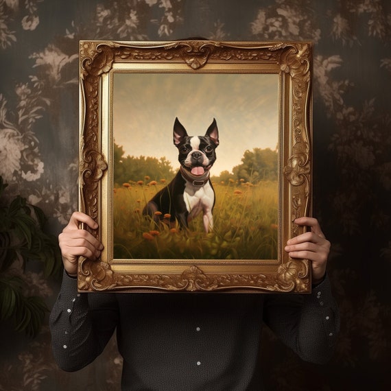 Vintage Boston Terrier Portrait Digital Download, Oil Painting Inspired Printed Art, Printable in 4 Sizes, with PDF Downloads