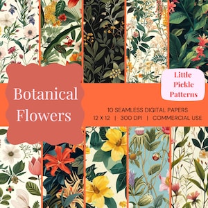 Papel digital de flores botánicas: Estampado floral sin costuras (12 x 12 pulgadas, JPEG)