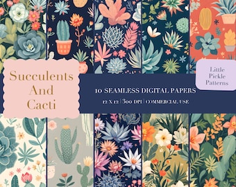 Diseño sin costuras de cactus y suculentas / Papeles digitales vectoriales planos (uso comercial)