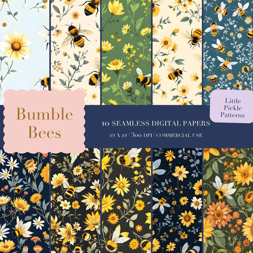 Botanical Bumble Bee Seamless Pattern | Illustrated Digital Paper ...