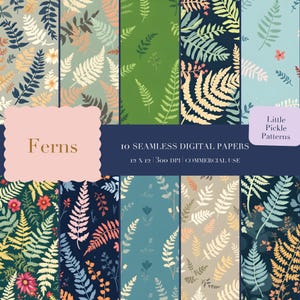 May include: Ten seamless digital papers with fern designs in shades of green, blue, and peach. Each paper measures 30.48 x 30.48 cm and is suitable for commercial use. The word "Ferns" is displayed on a pink scalloped label. The papers are from Little Pickle Patterns.
