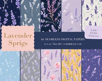 Wzór gałązek lawendy malowanych gwaszem, bezszwowy | Papier cyfrowy (do użytku komercyjnego)