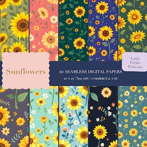 May include: A collection of ten seamless digital papers featuring sunflower patterns. The designs include various backgrounds such as green, pink, and blue, with yellow sunflowers and white flowers. The text on the image reads "Sunflowers" and "Little Pickle Patterns."