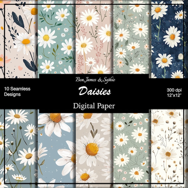 Flowers Digital Paper | Daisy Flower Backgrounds | Commercial Use | Printable Paper Set | Scrapbooking Paper | Crafts | DIY