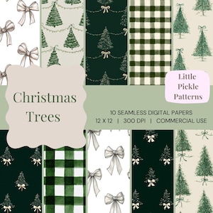 May include: A collection of ten seamless digital papers with Christmas themes. The designs include green Christmas trees, bows, and a green and white checkered pattern. The text on the image reads "Christmas Trees" and "Little Pickle Patterns".