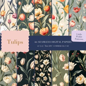May include: A collection of ten seamless digital papers featuring floral patterns with tulips in various colors, including white, pink, orange, and yellow. The papers are 12 x 12 inches and suitable for commercial use. The text "Tulips" is displayed.