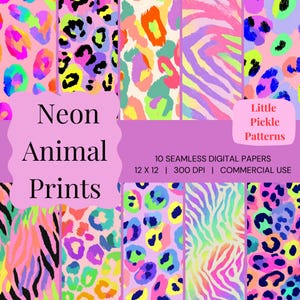 Puede incluir: Diez papeles digitales sin costuras con estampados de animales neón. Los diseños incluyen manchas de leopardo y rayas de cebra en colores brillantes como rosa, verde y morado. El texto dice "Neon Animal Prints" y "Little Pickle Patterns". Cada papel mide 30,48 x 30,48 cm.