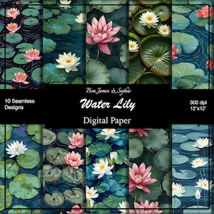 May include: A digital paper set featuring ten seamless designs of water lilies. The designs showcase pink and white water lilies, green lily pads, and dark blue water backgrounds. The paper is 12 x 12 inches and 300 dpi.