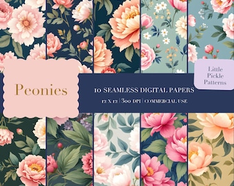 Gouache Painted Peony Seamless Pattern | Digital Paper for Commercial Use (10 Tiles)