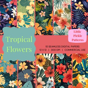 Tropical Flowers Digital Paper: Printable Scrapbook Backgrounds (12x12in)