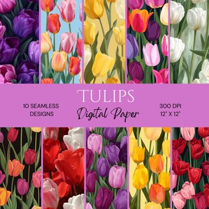 Papel digital con flores de tulipán: patrón floral sin costuras para álbumes de recortes, manualidades, artículos de papelería o envoltura de regalos