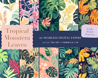 Tropical Monstera Leaves Seamless Pattern | Flat Vector Digital Paper (Commercial Use)