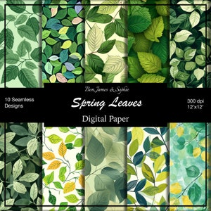 Papel digital de hojas de primavera: patrón de hojas sin costuras para scrapbooking, manualidades, papelería o envoltura de regalos.
