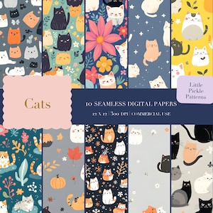 かわいい猫のシームレスパターン｜漫画風デジタルペーパー（商用利用可）