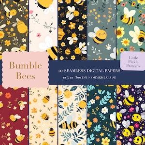 Pode incluir: Uma coleção de dez papéis digitais sem costura com padrões de abelhas. Os designs incluem vários arranjos florais e de folhas com abelhas amarelas e pretas. Os papéis medem 30,48 x 30,48 cm e são adequados para uso comercial.