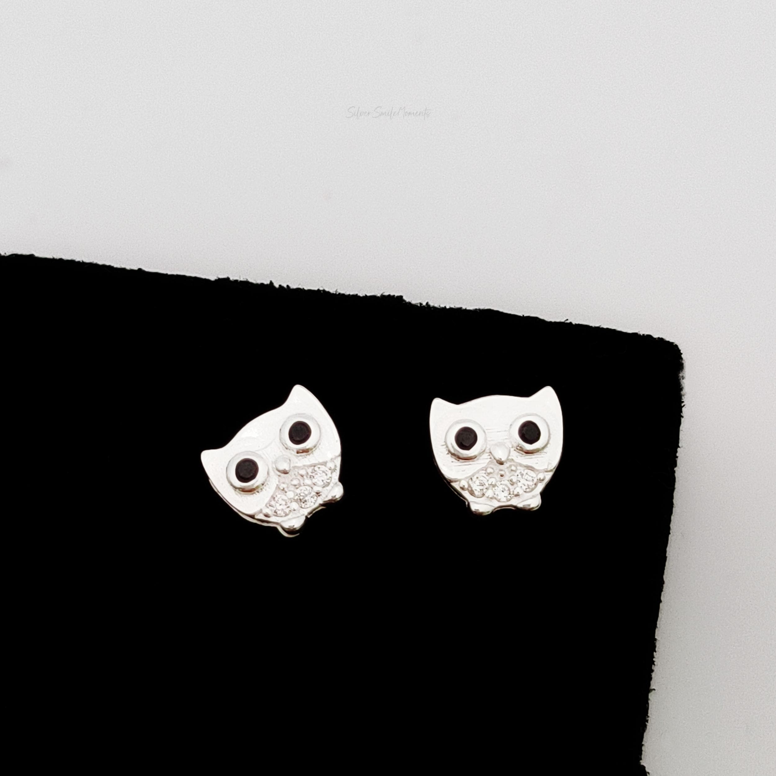 999 Solid Silver Cute Tiny Owl CZ Stud Earrings, hypoallergenic, Animal Earrings