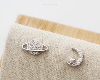Mismatched CZ Moon and Planet Stud Earrings: Sterling Silver Screw Back