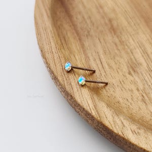 May include: A pair of small stud earrings with iridescent, oval-shaped gemstones. The earrings are set on thin, dark metal posts. The earrings are displayed on a wooden, oval-shaped tray with a light brown finish. The background is white.