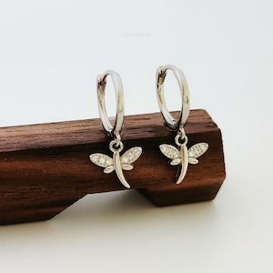 Dragonfly Huggie Hoops in Sterling Silver, CZ Dragonfly Hoop Earrings, Dainty Charm Earrings