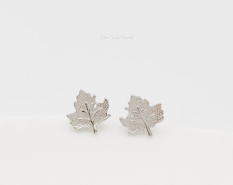 Tiny Maple Leaf Sterling Silver Stud Earrings, Screw Back Design