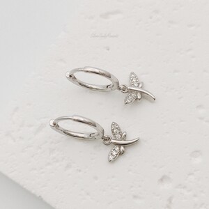 Dragonfly Huggie Hoops in Sterling Silver, CZ Dragonfly Hoop Earrings, Dainty Charm Earrings