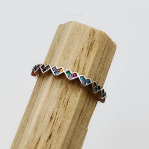Multicolour CZ Heart Ring in Sterling Silver, Adjustable Size, Dainty and Delicate