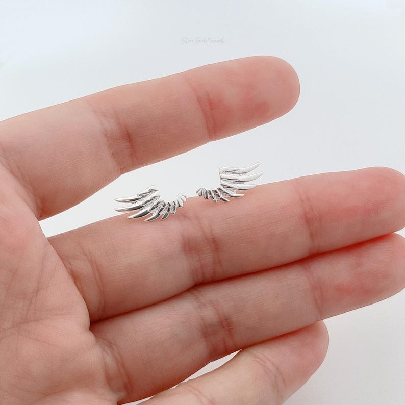 May include: A pair of silver wing-shaped earrings. The earrings are small and delicate, and they are perfect for adding a touch of style to any outfit.