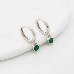 Emerald Green CZ Huggie Hoop in Sterling Silver, Green CZ Dangle Hoop Earrings, Minimalist Simple Hoop Earrings