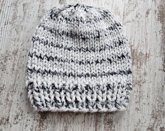Knit Beanie Hat, Hand Knit Beanie Hat, Gifts for Women, Women's Knit Hat, Women's Winter Hat, Women's Winter Beanie Hat, Black and White