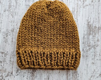 Knit Beanie Hat, Hand Knit Beanie Hat, Gifts for Women, Women's Knit Hat, Women's Winter Hat, Women's Winter Beanie Hat, Gold Beanie