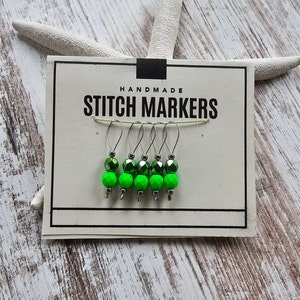 Handmade Beaded Stitch Markers for Knitting, Stitchmarkers, Stitch Holders, Knitting and Crochet Notions, Set of 5, Fluorescent Green, Green