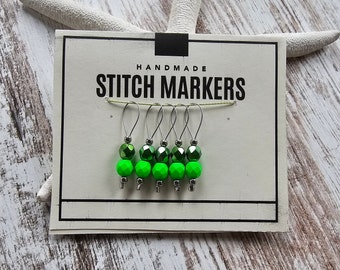 Handmade Beaded Stitch Markers for Knitting, Stitchmarkers, Stitch Holders, Knitting and Crochet Notions, Set of 5, Fluorescent Green, Green