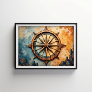 Puede incluir: Una brújula vintage con marco de madera y detalles metálicos, sobre un fondo de mapa desgastado con tonos azules y naranjas.