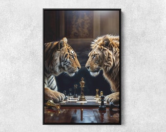 Chess Wall Art, Chess Lover Gifts, Checkmate King, Chess Game Poster, Lion Picture Wall Decor, Tiger Print, Chess Player Gift