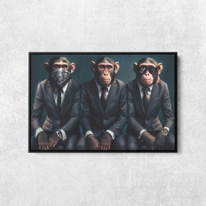 Three Wise Monkeys, Monkey Wall Art, Animal Wall Decor, Three Monkeys Artwork, Man Cave Decor, Banksy Canvas Print, Monkey Poster
