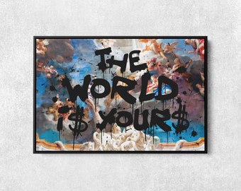 Cuadro decorativo "El mundo es tuyo", lienzo motivacional, regalo para emprendedores, decoración para oficinas nuevas, lámina con cita inspiradora, arte renacentista.