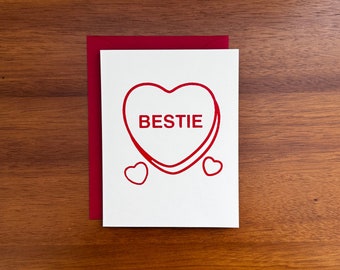 Valentines Day Card for Best Friend - Bestie Red Heart Screen Printed Card