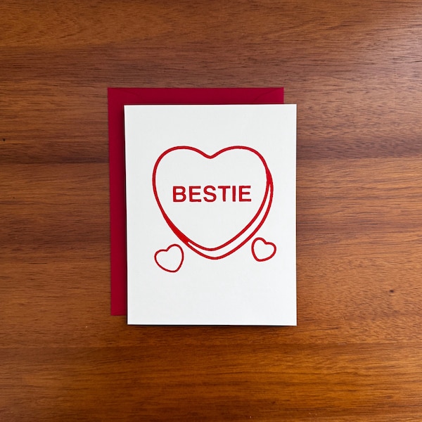 Valentines Day Card for Best Friend - Bestie Red Heart Screen Printed Card