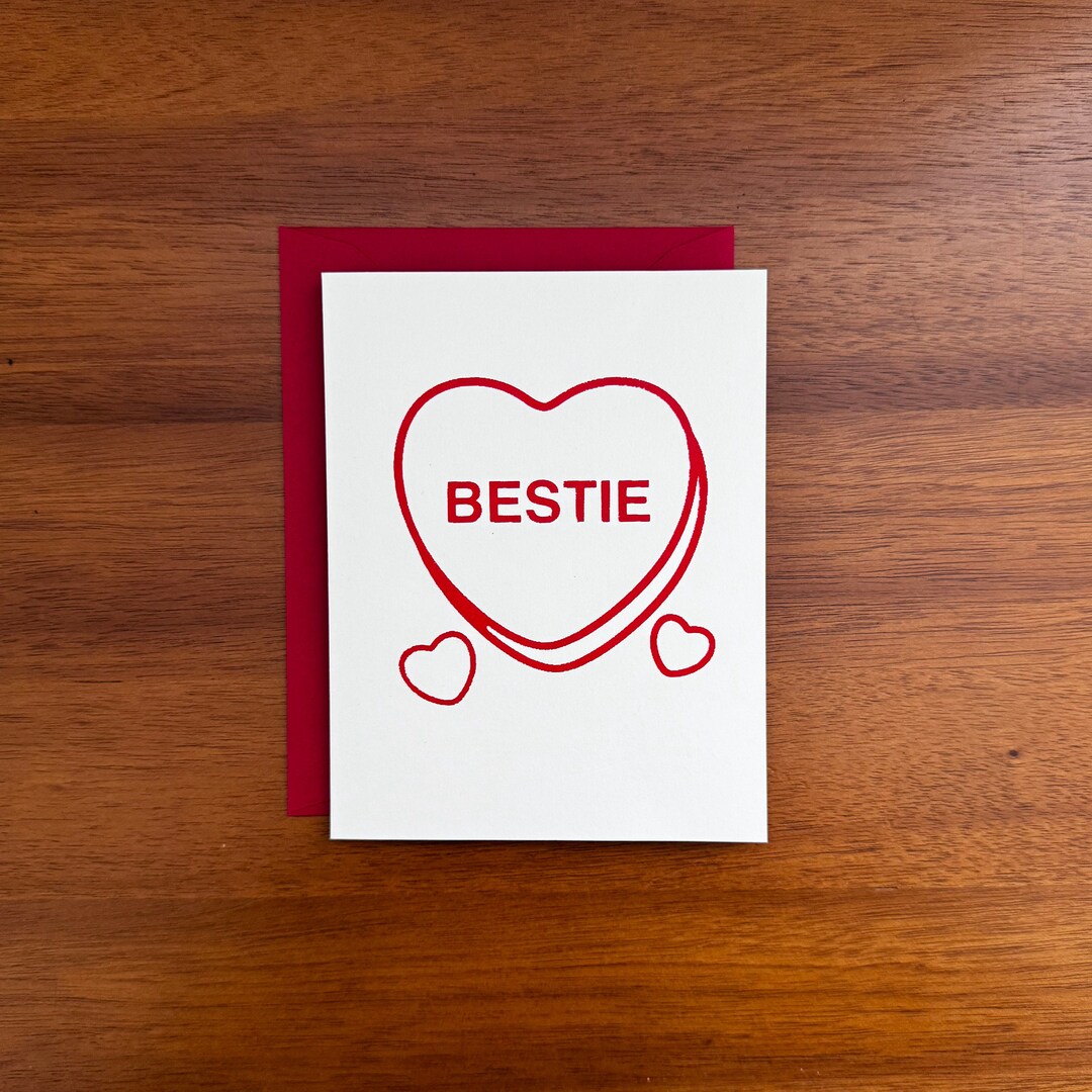 Valentines Day Card for Best Friend Bestie Red Heart Screen Printed ...
